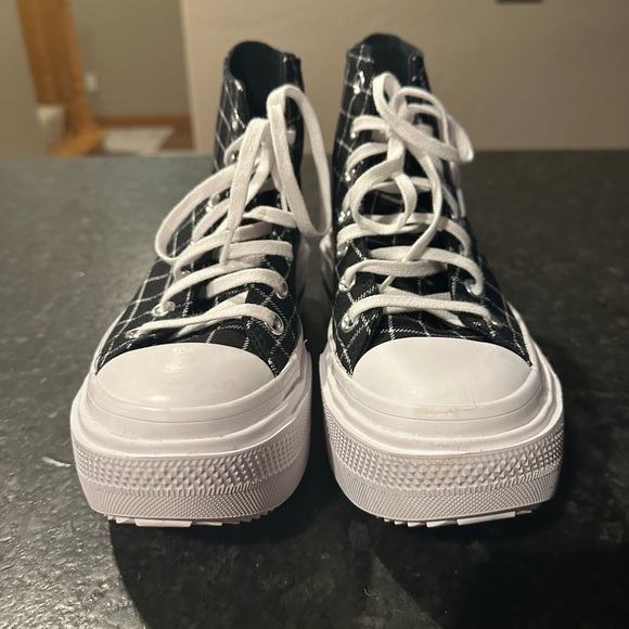 Converse Women's Black & White Plaid High-Top Platform Sneakers - Picture 2 of 8